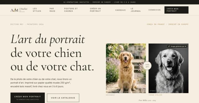 L'Atelier du Museau — page d'accueil : une photo de chien et son portrait d'art généré par IA