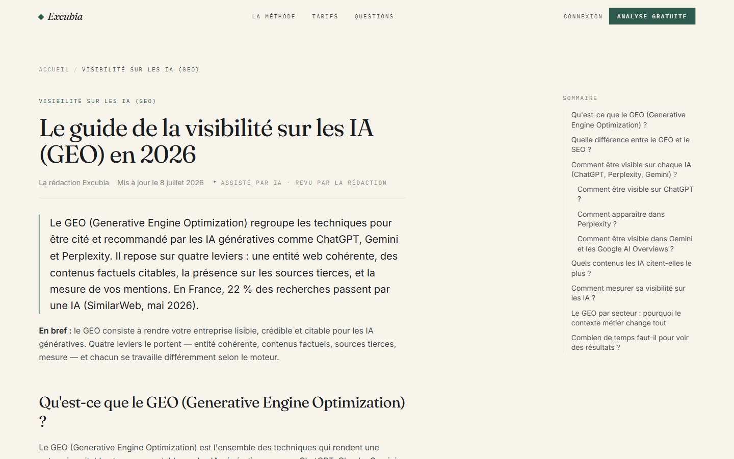 Article pilier d'Excubia sur la visibilité dans les IA, avec sommaire et réponse courte en tête