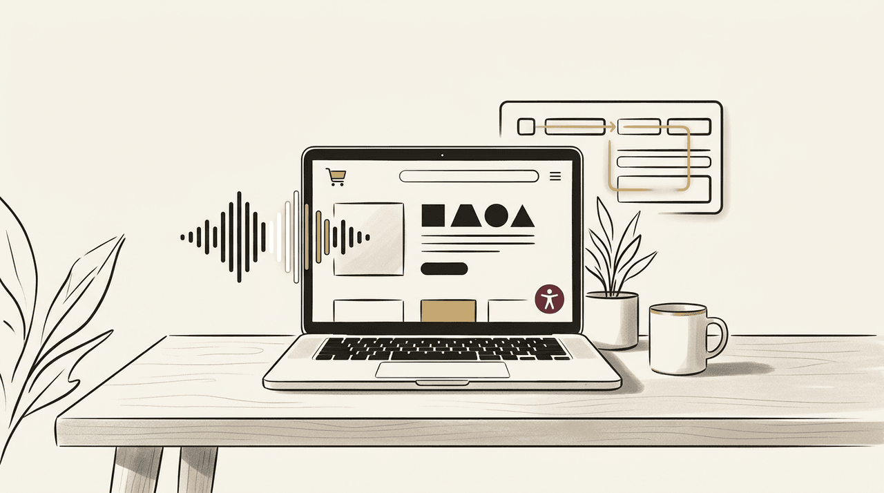Personne malvoyante utilisant un site e-commerce sur ordinateur portable avec un lecteur d'ecran, illustrant l'accessibilite web et la conformite RGAA pour les TPE