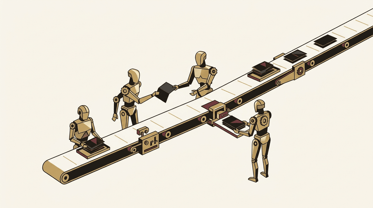 Illustration éditoriale : agents IA automatisant les tâches administratives d'une PME