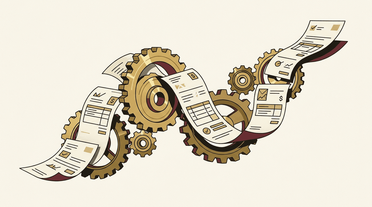 Illustration éditoriale : factures circulant dans des engrenages, facturation et relances automatisées pour TPE