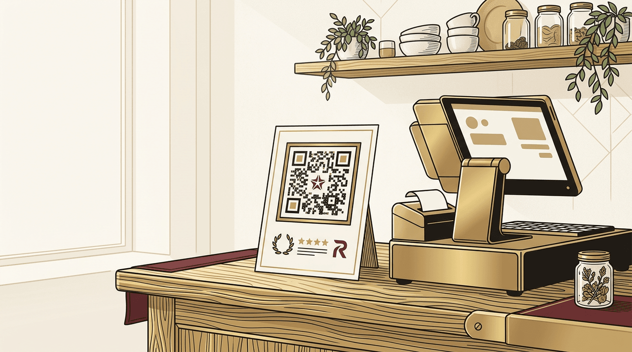 QR code posé sur un comptoir de commerce artisanal, à côté d'une caisse, invitant à laisser un avis