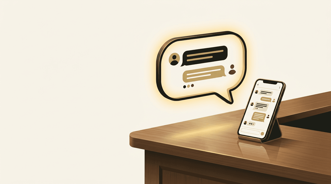 Bulle de chat conversationnel IA flottant sur un site web de petite entreprise, vue depuis un comptoir de commerce local