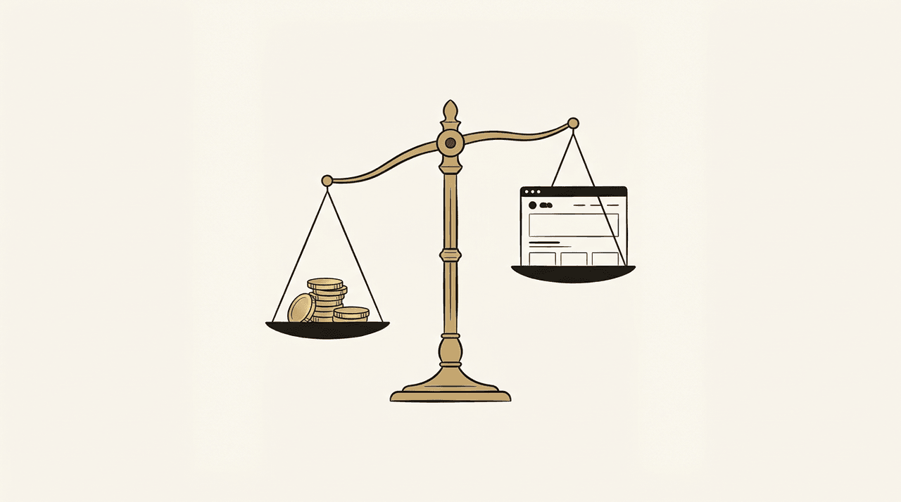 Illustration éditoriale : balance pesant des pièces face à un site web, combien coûte un site en 2026