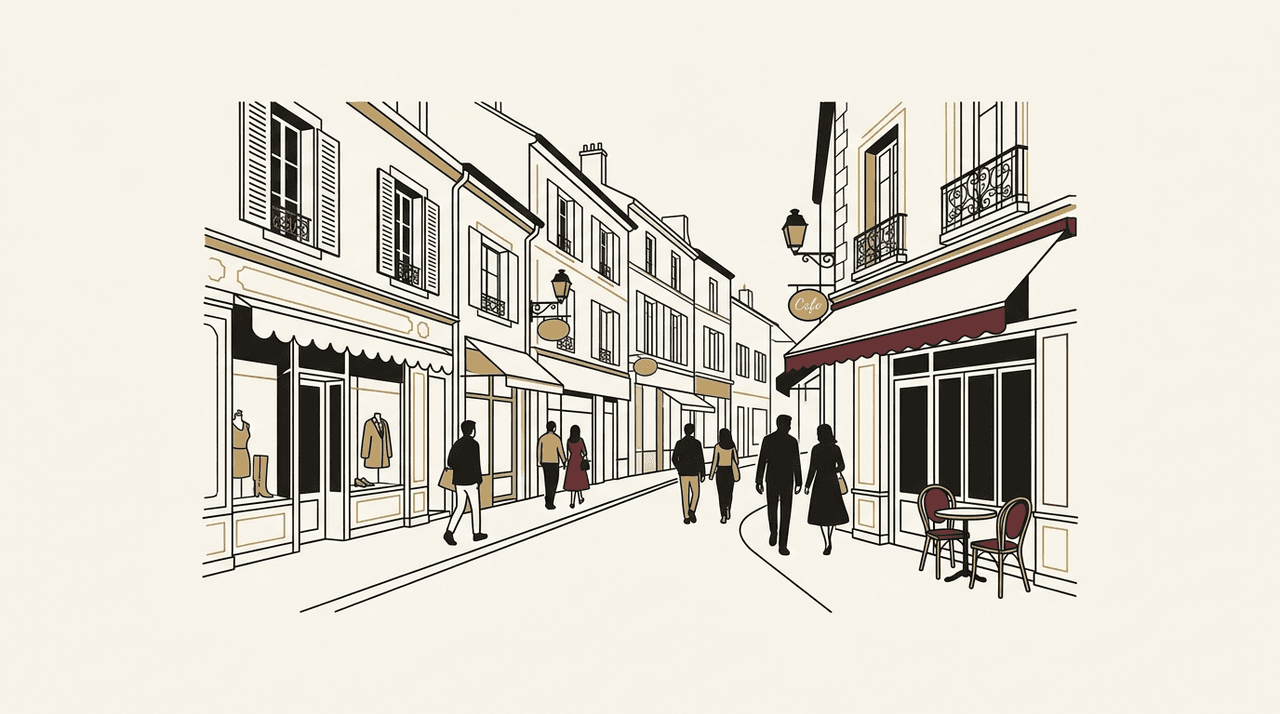 Rue commerçante piétonne de Saint-Nazaire en centre-ville avec vitrines et passants, illustrant la presence en ligne des commerces locaux