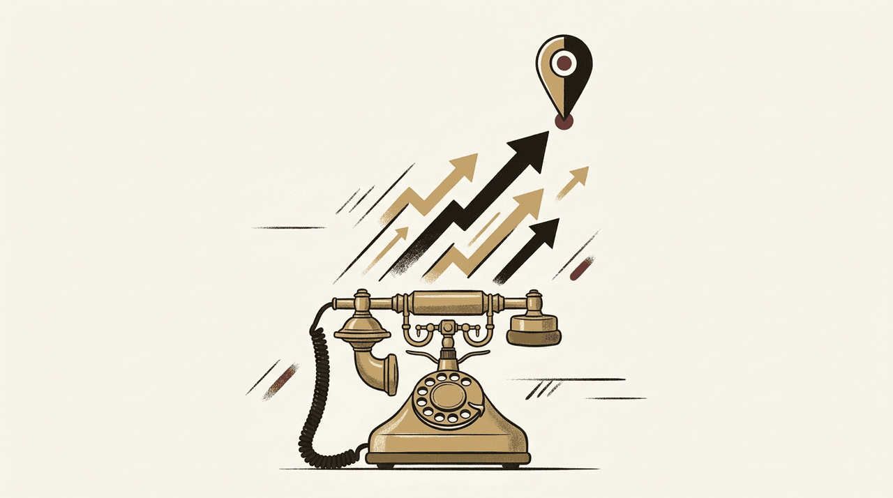 Illustration éditoriale : téléphone en laiton et flèches montantes, plus d'appels grâce à la fiche Google Business