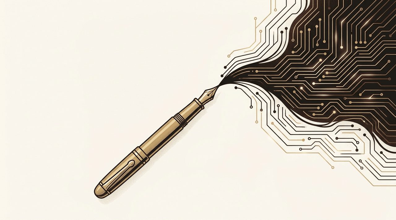 Illustration éditoriale : plume dont l'encre devient circuits, usages concrets de l'IA générative en PME