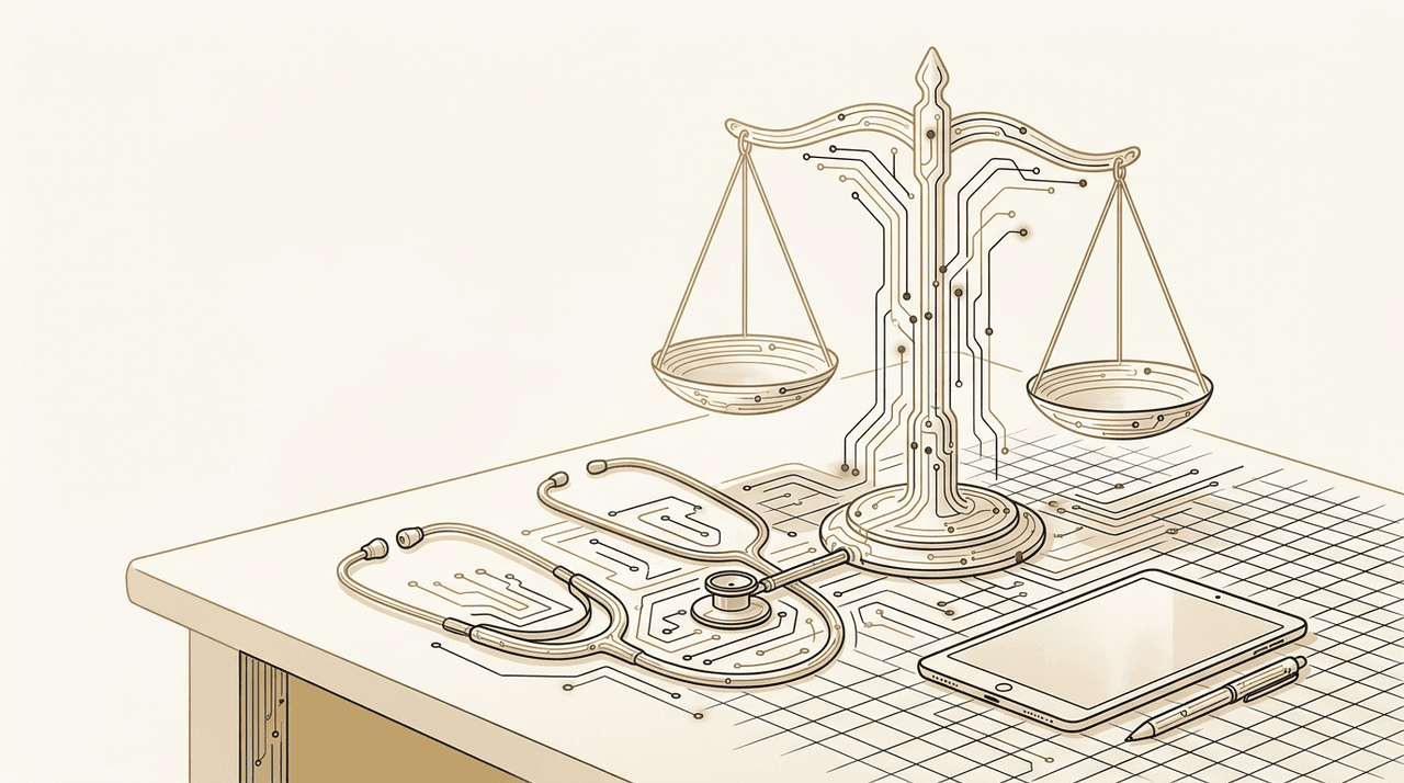 Illustration éditoriale : balance de justice et stéthoscope en traits de circuits, IA pour professions libérales à Nantes