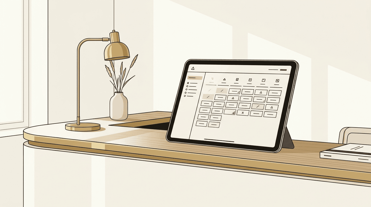 Tablette posée sur le comptoir d'accueil d'un cabinet montrant un calendrier de creneaux de rendez-vous, environnement professionnel chaleureux