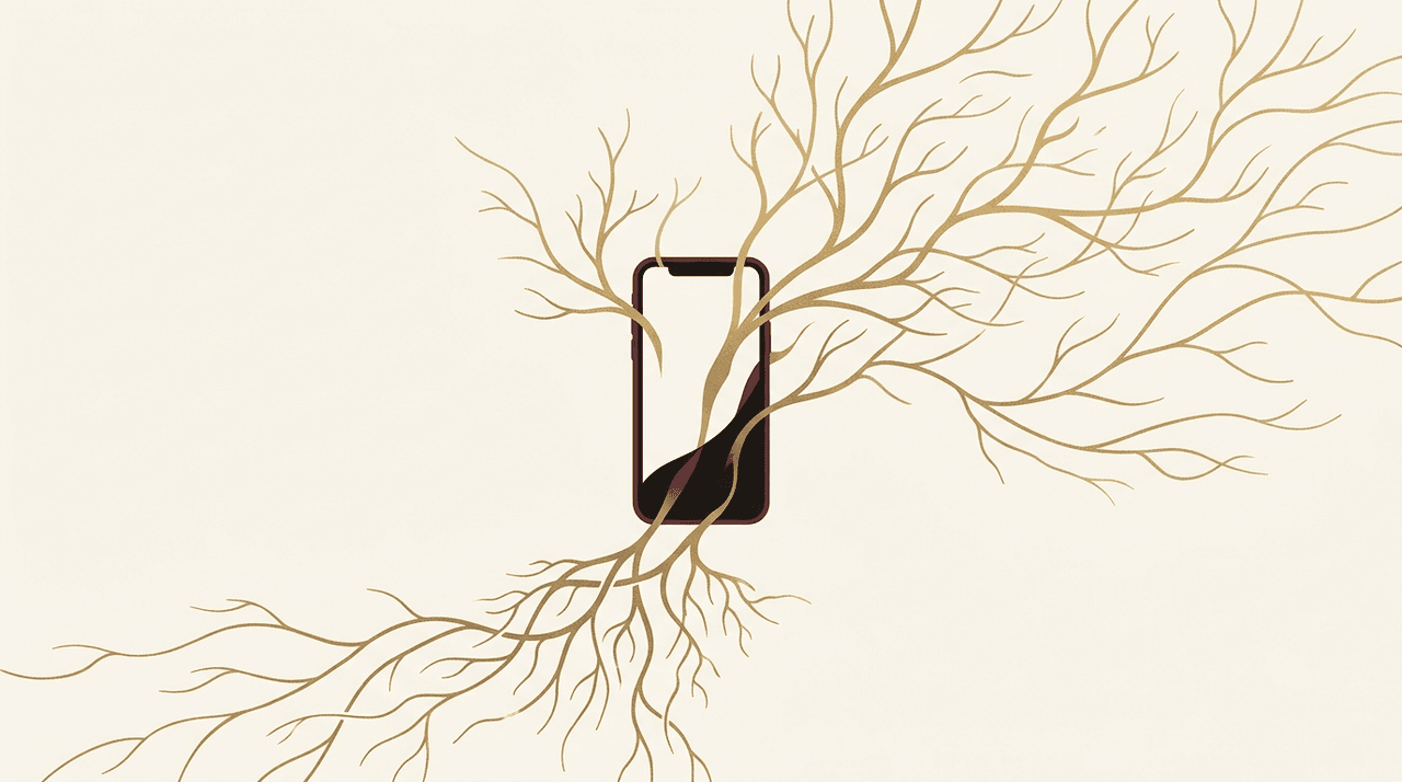 Illustration éditoriale : smartphone d'où poussent des branches dorées, progressive web app pour PME