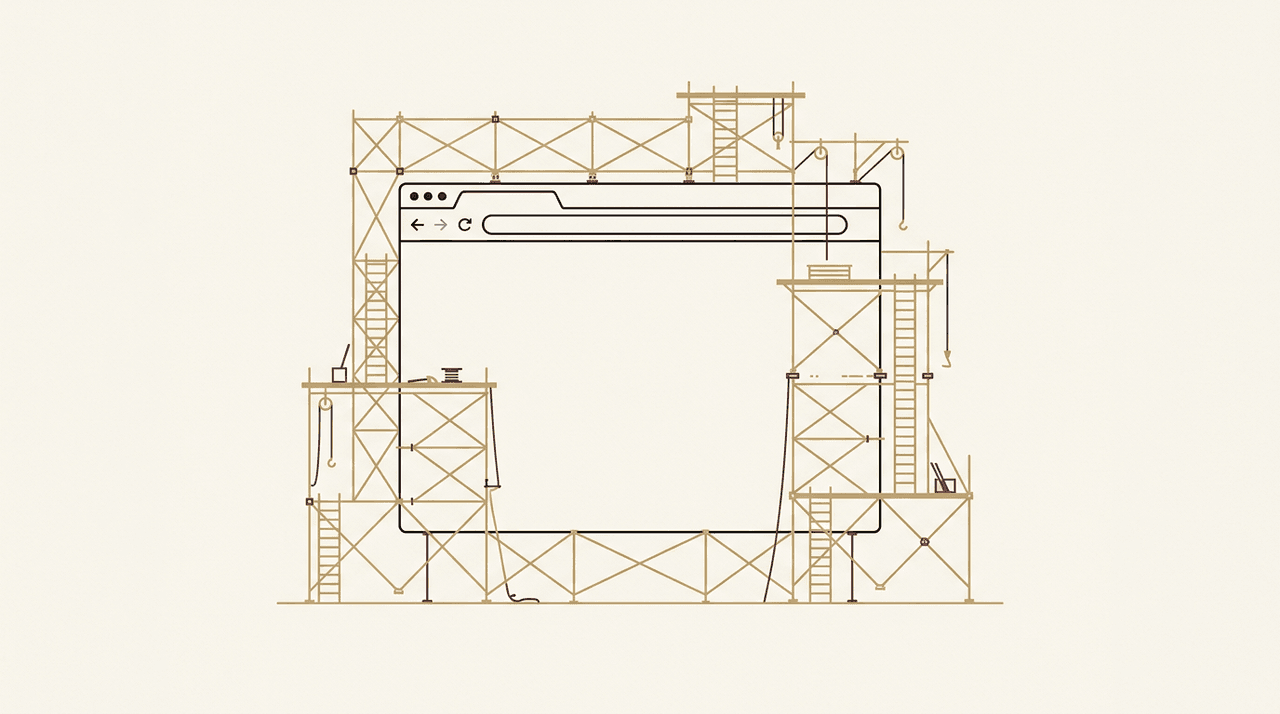 Illustration éditoriale : échafaudage autour d'une fenêtre de navigateur, refonte de site web en cours