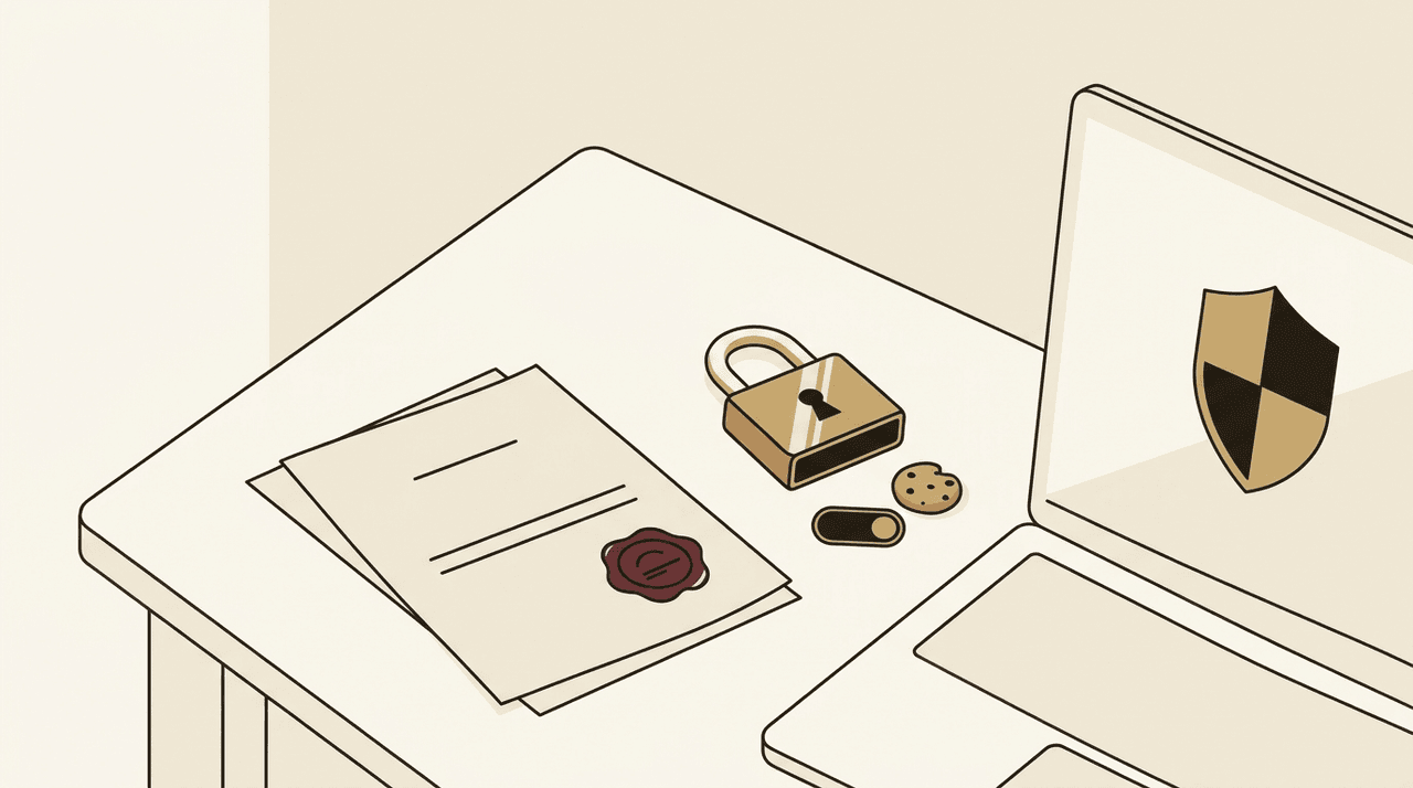 Illustration de la conformite legale d'un site web de TPE en 2026 : documents juridiques, cadenas de protection des donnees et symbole de cookies sur un bureau