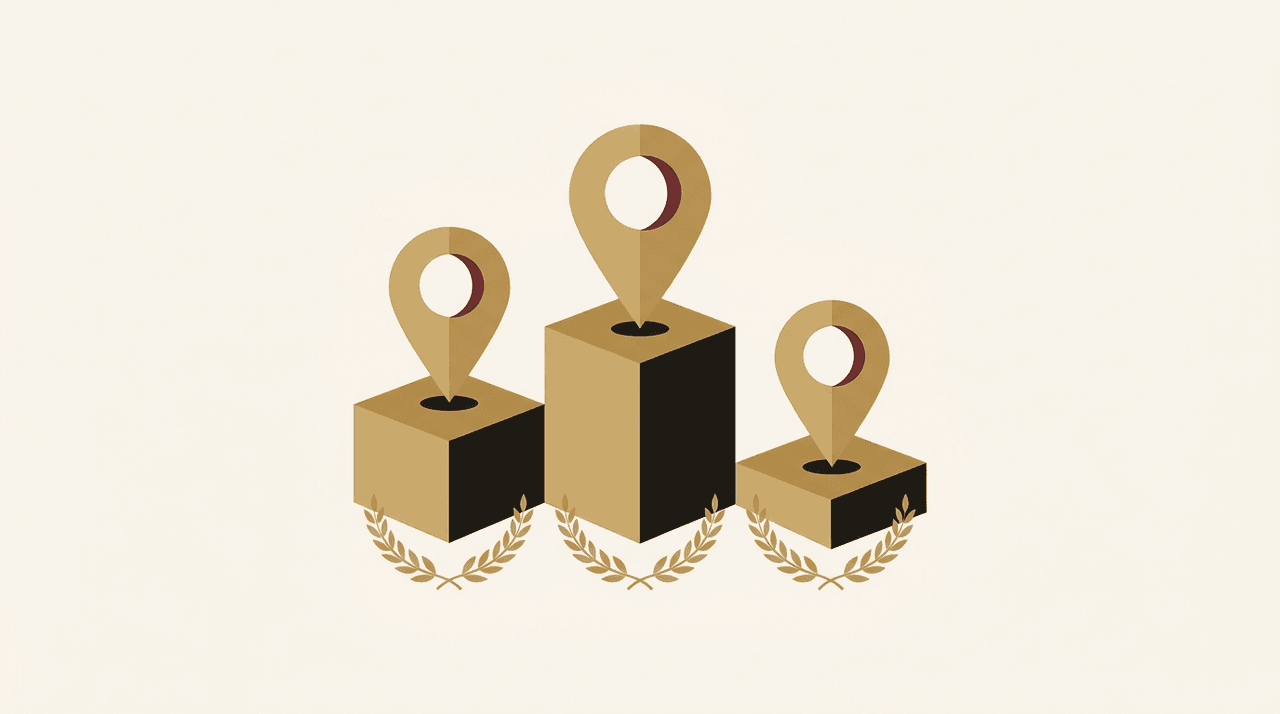 Illustration éditoriale : podium de repères de carte, top 3 du pack local Google Maps
