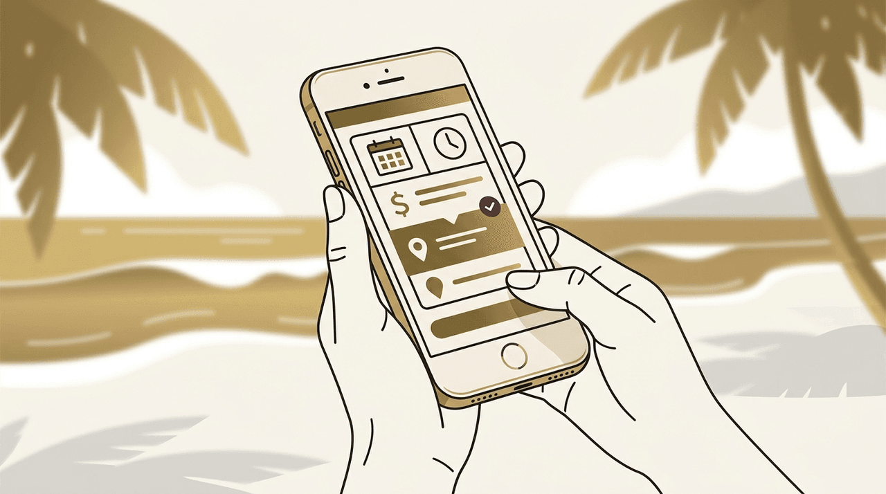 Personne consultant un site de reservation sur smartphone face a la mer, illustrant l importance de la vitesse mobile pour la conversion touristique